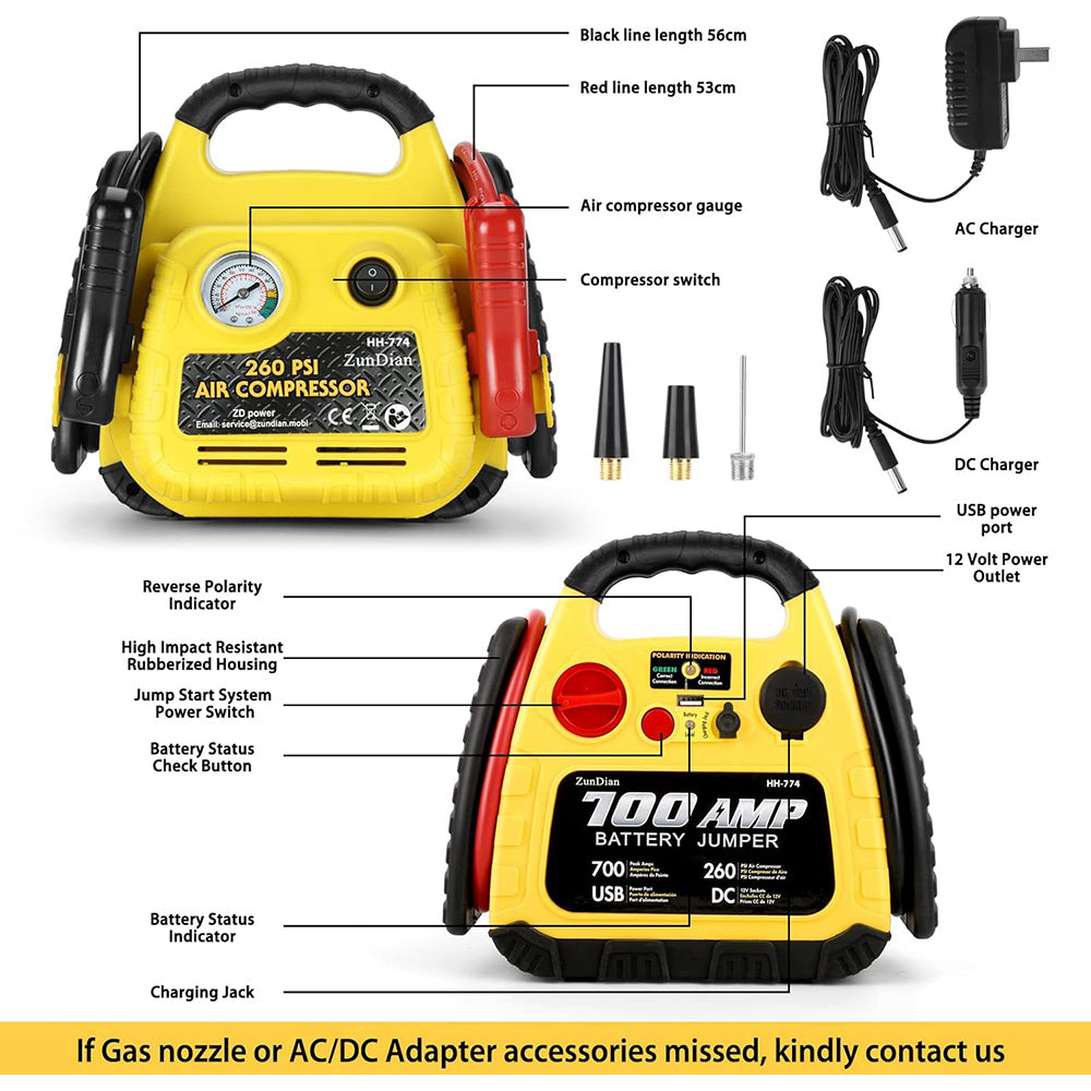 Avviatore emergenza portatile con compressore jump start 700A gonfiatore 260psi ricaricabile booster con porta Usb