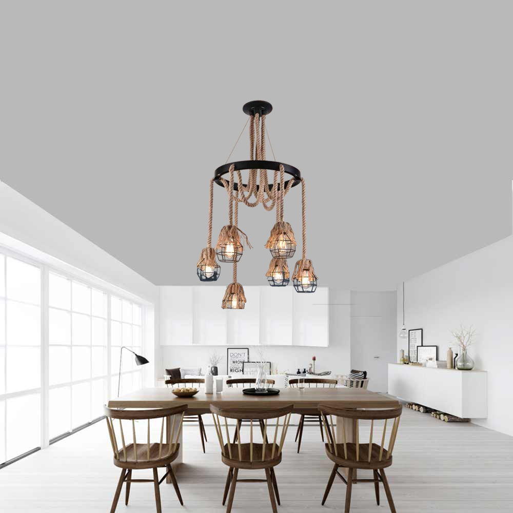 Lampadario a sospensione con corde in canapa e metallo vintage 6 portalampada lampada rustica retrò country E27