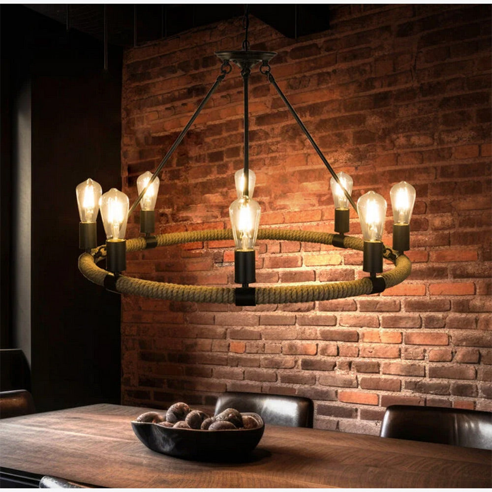 Lampadario rotondo con corda in canapa vintage 6 portalampada E27 lampada country retro stile industriale