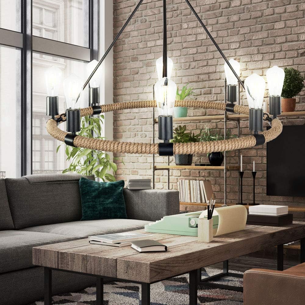 Lampadario rotondo con corda in canapa vintage 6 portalampada E27 lampada country retro stile industriale
