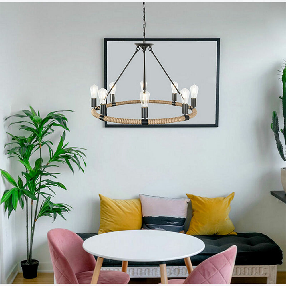 Lampadario rotondo con corda in canapa vintage 6 portalampada E27 lampada country retro stile industriale