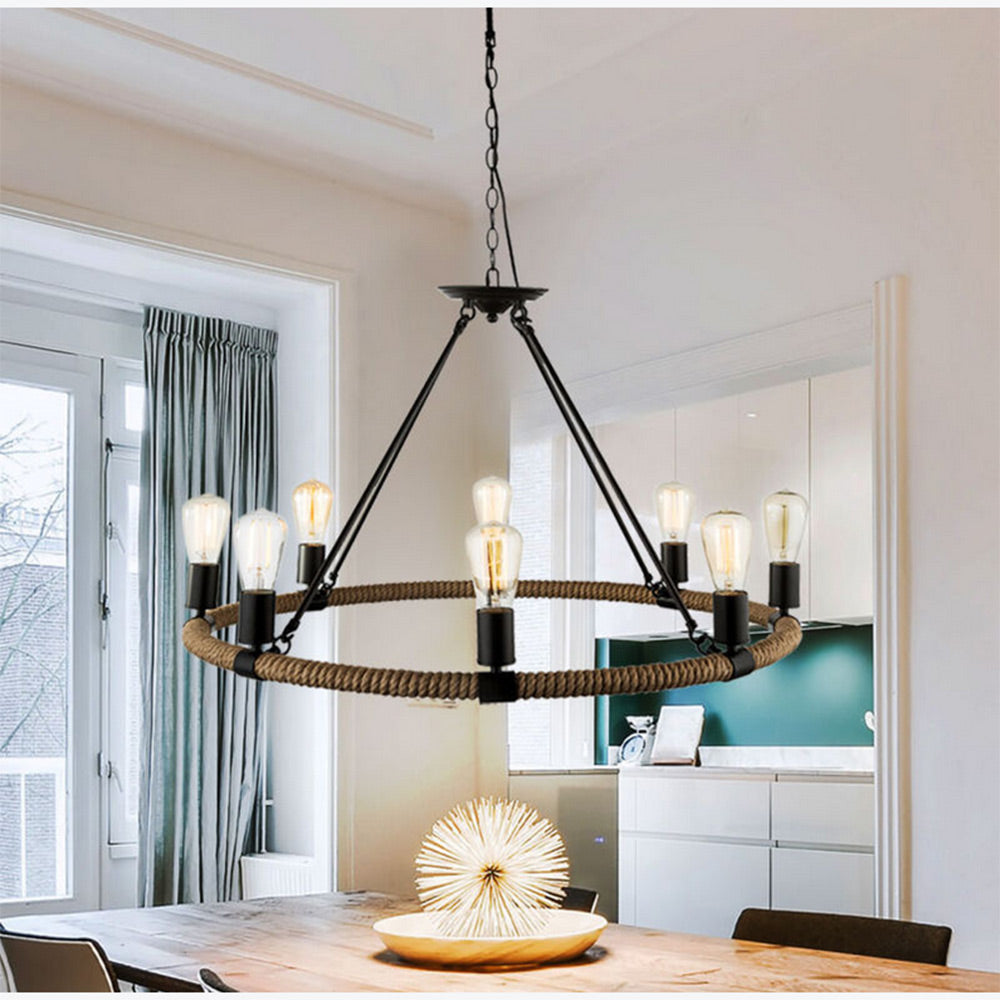 Lampadario rotondo con corda in canapa vintage 6 portalampada E27 lampada country retro stile industriale