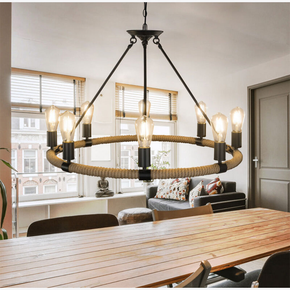 Lampadario rotondo con corda in canapa vintage 6 portalampada E27 lampada country retro stile industriale