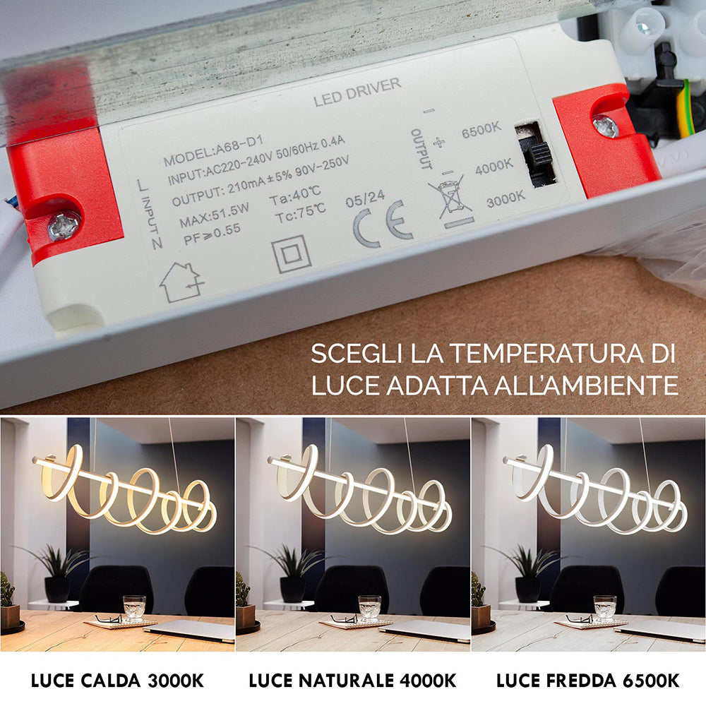 Lampadario led a sospensione 60 watt lampada twist bianco stilizzato tecnologia CCT 3 tonalità di luce da 6500k a 3000k