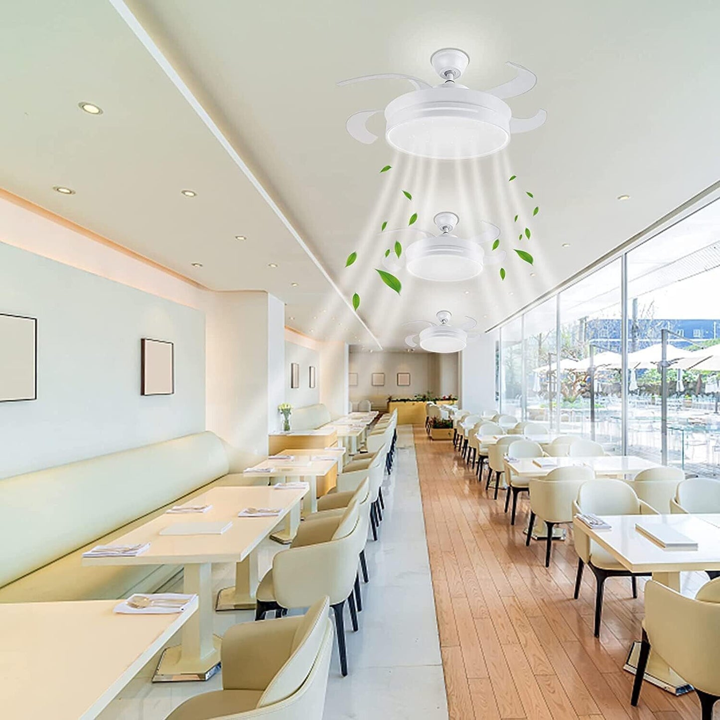 Lampadario da soffitto a led 56 watt con ventilatore da 30 watt tre colorazioni di luce fredda calda naturale elice richiudibile con telecomando