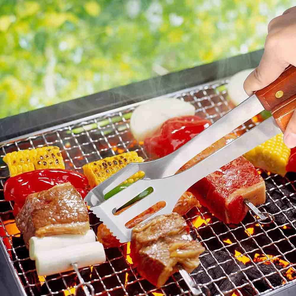 Pinza a molla da barbecue in acciaio con manico in legno utensile per baciata grill attrezzi da cucina
