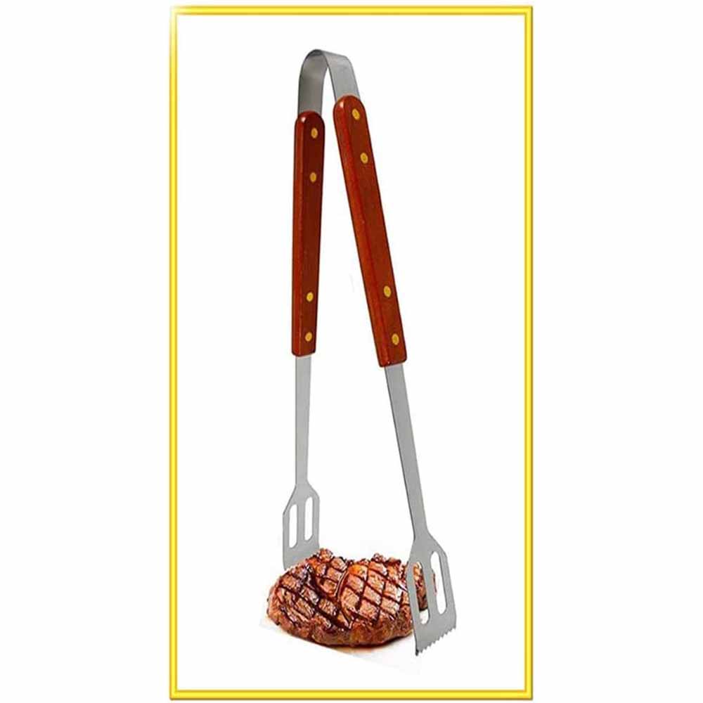 Pinza a molla da barbecue in acciaio con manico in legno utensile per baciata grill attrezzi da cucina