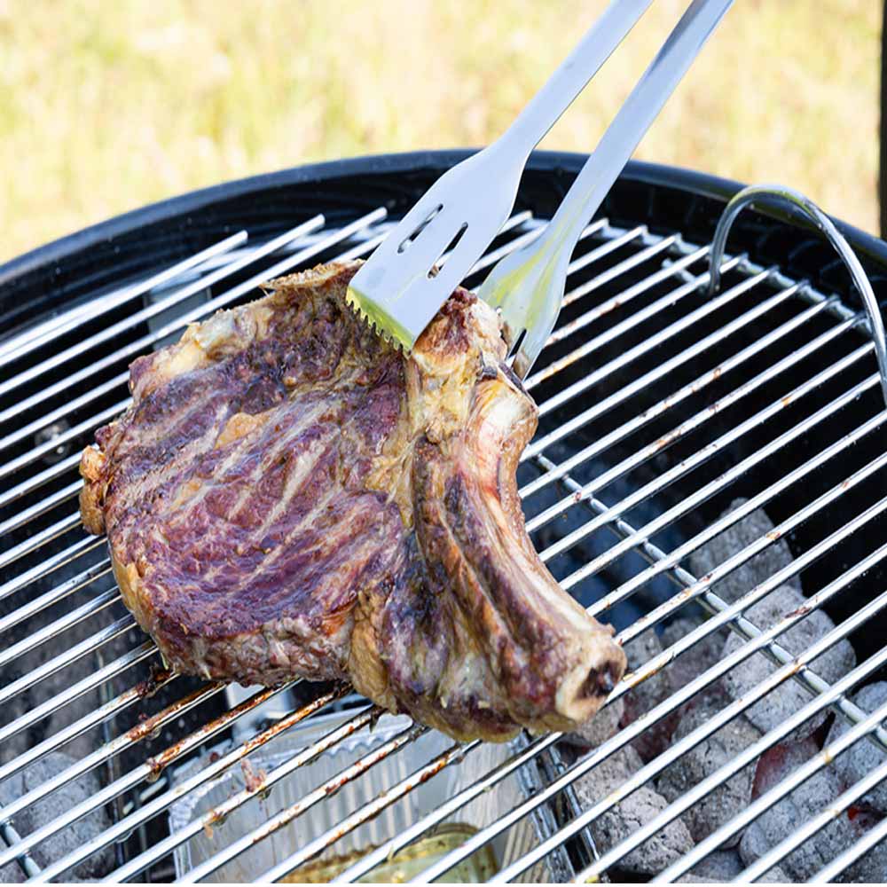 Pinza a molla da barbecue in acciaio con manico in legno utensile per baciata grill attrezzi da cucina