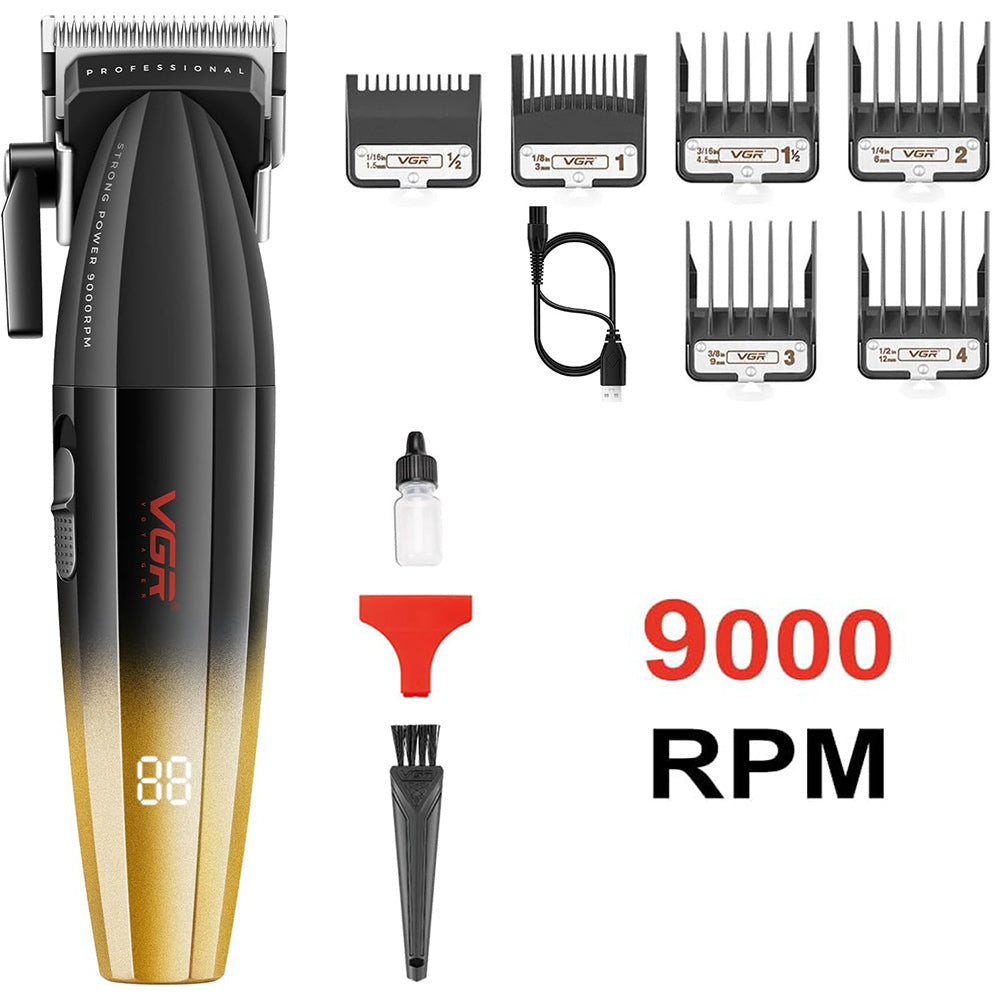 Rasoio tagliacapelli VGR HAIR CLIPPER ricaricabile per barba capelli con 6 pettinini 2 velocità max 9000 RPM display 003