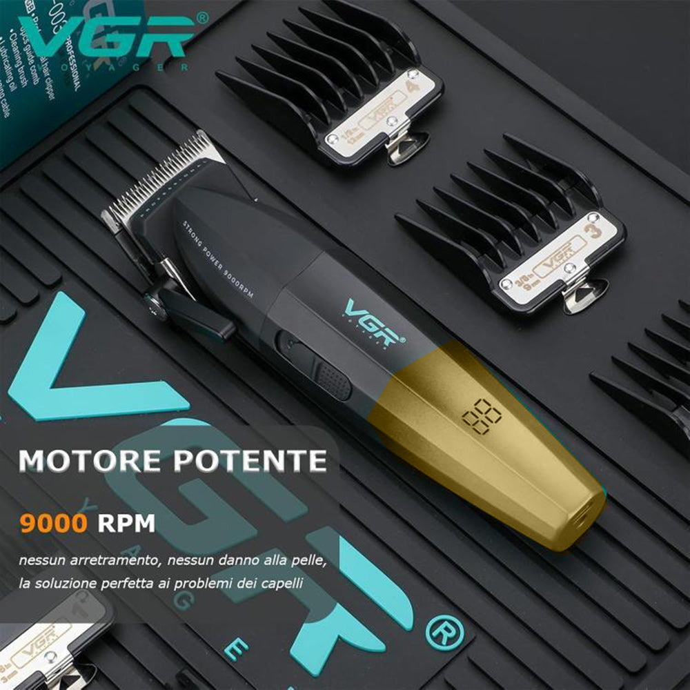 Rasoio tagliacapelli VGR HAIR CLIPPER ricaricabile per barba capelli con 6 pettinini 2 velocità max 9000 RPM display 003
