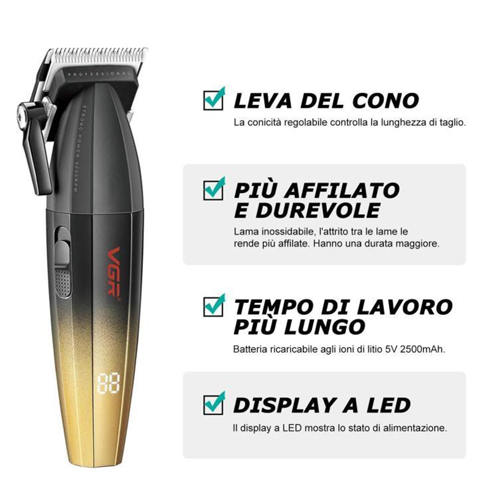 Rasoio tagliacapelli VGR HAIR CLIPPER ricaricabile per barba capelli con 6 pettinini 2 velocità max 9000 RPM display 003