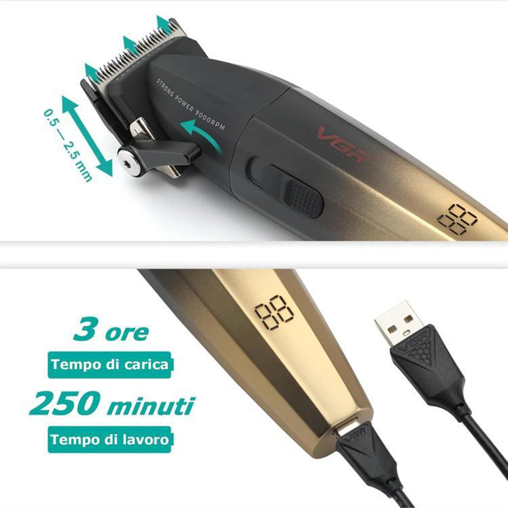 Rasoio tagliacapelli VGR HAIR CLIPPER ricaricabile per barba capelli con 6 pettinini 2 velocità max 9000 RPM display 003