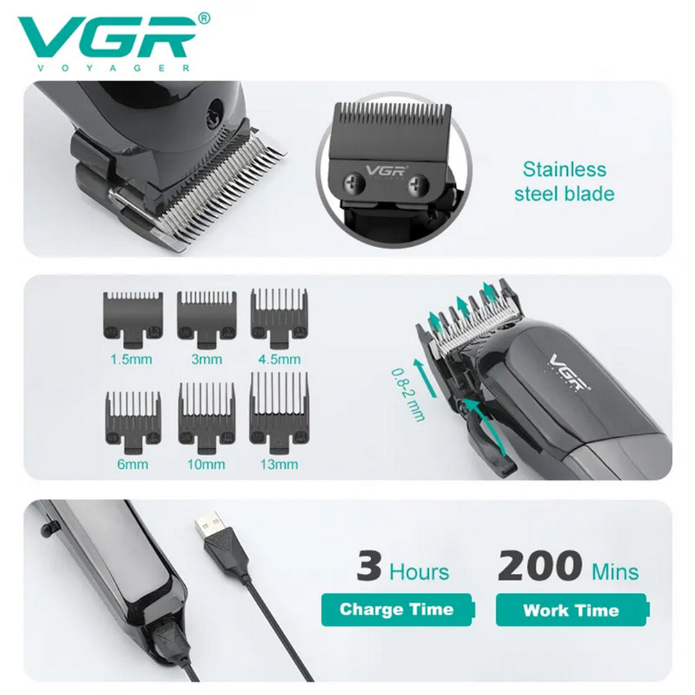 Rasoio tagliacapelli VGR HAIR CLIPPER ricaricabile per barba capelli con 6 pettinini leva conica display 118