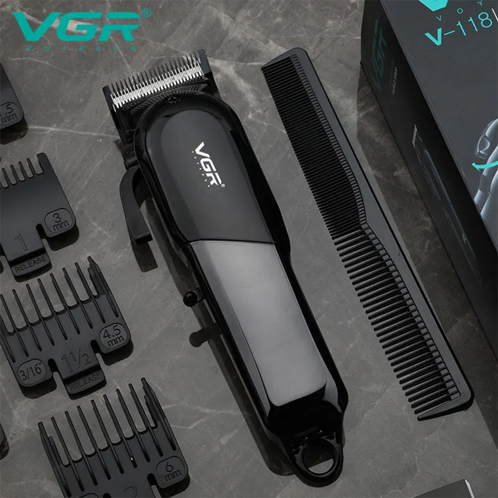 Rasoio tagliacapelli VGR HAIR CLIPPER ricaricabile per barba capelli con 6 pettinini leva conica display 118