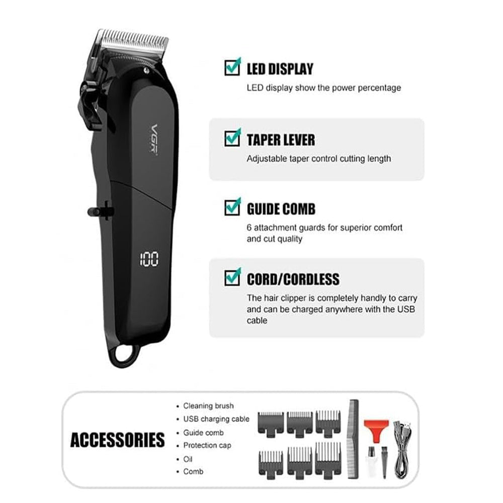 Rasoio tagliacapelli VGR HAIR CLIPPER ricaricabile per barba capelli con 6 pettinini leva conica display 118