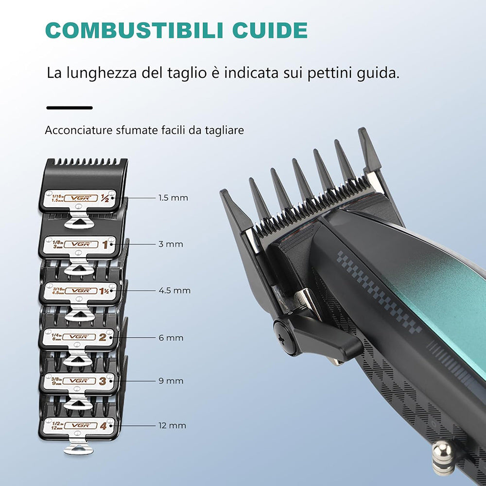 Rasoio tagliacapelli HAIR CLIPPER ricaricabile portatile per barba capelli basette corpo con 6 pettinini alta velocità 9000 giri/min base di ricarica display 270