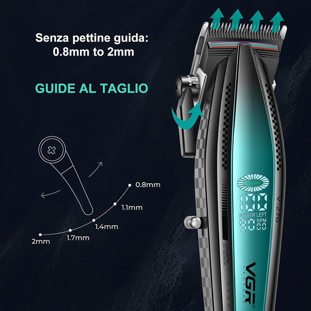 Rasoio tagliacapelli HAIR CLIPPER ricaricabile portatile per barba capelli basette corpo con 6 pettinini alta velocità 9000 giri/min base di ricarica display 270