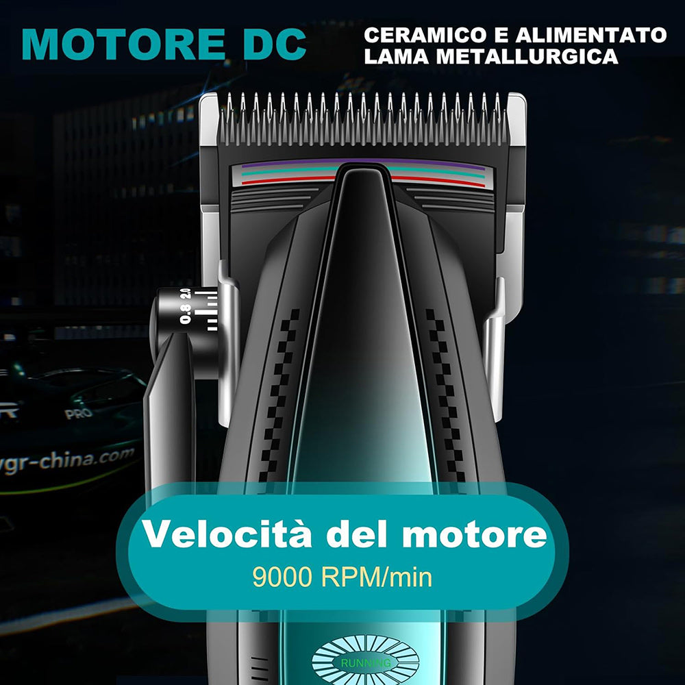 Rasoio tagliacapelli HAIR CLIPPER ricaricabile portatile per barba capelli basette corpo con 6 pettinini alta velocità 9000 giri/min base di ricarica display 270
