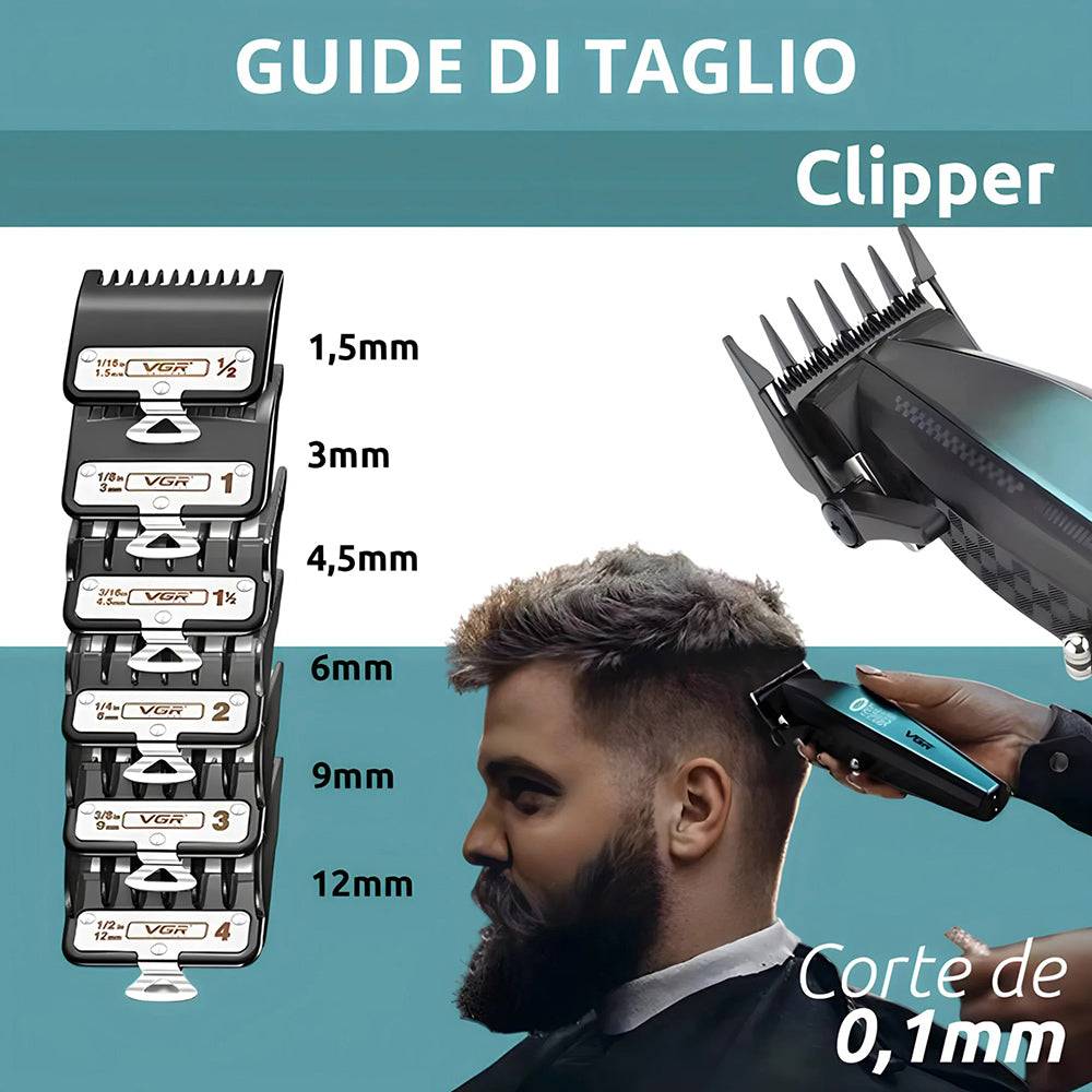 Rasoio tagliacapelli HAIR CLIPPER ricaricabile portatile per barba capelli basette corpo con 6 pettinini alta velocità 9000 giri/min base di ricarica display 270