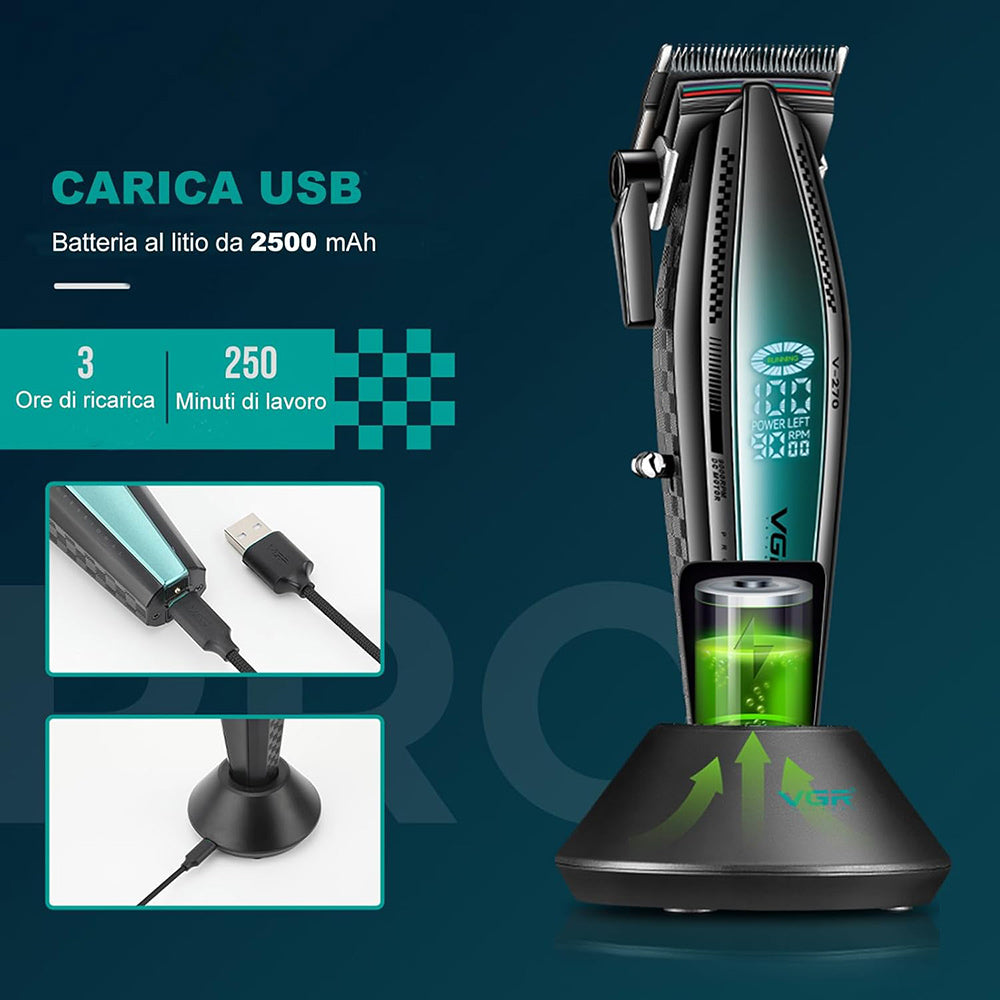 Rasoio tagliacapelli HAIR CLIPPER ricaricabile portatile per barba capelli basette corpo con 6 pettinini alta velocità 9000 giri/min base di ricarica display 270