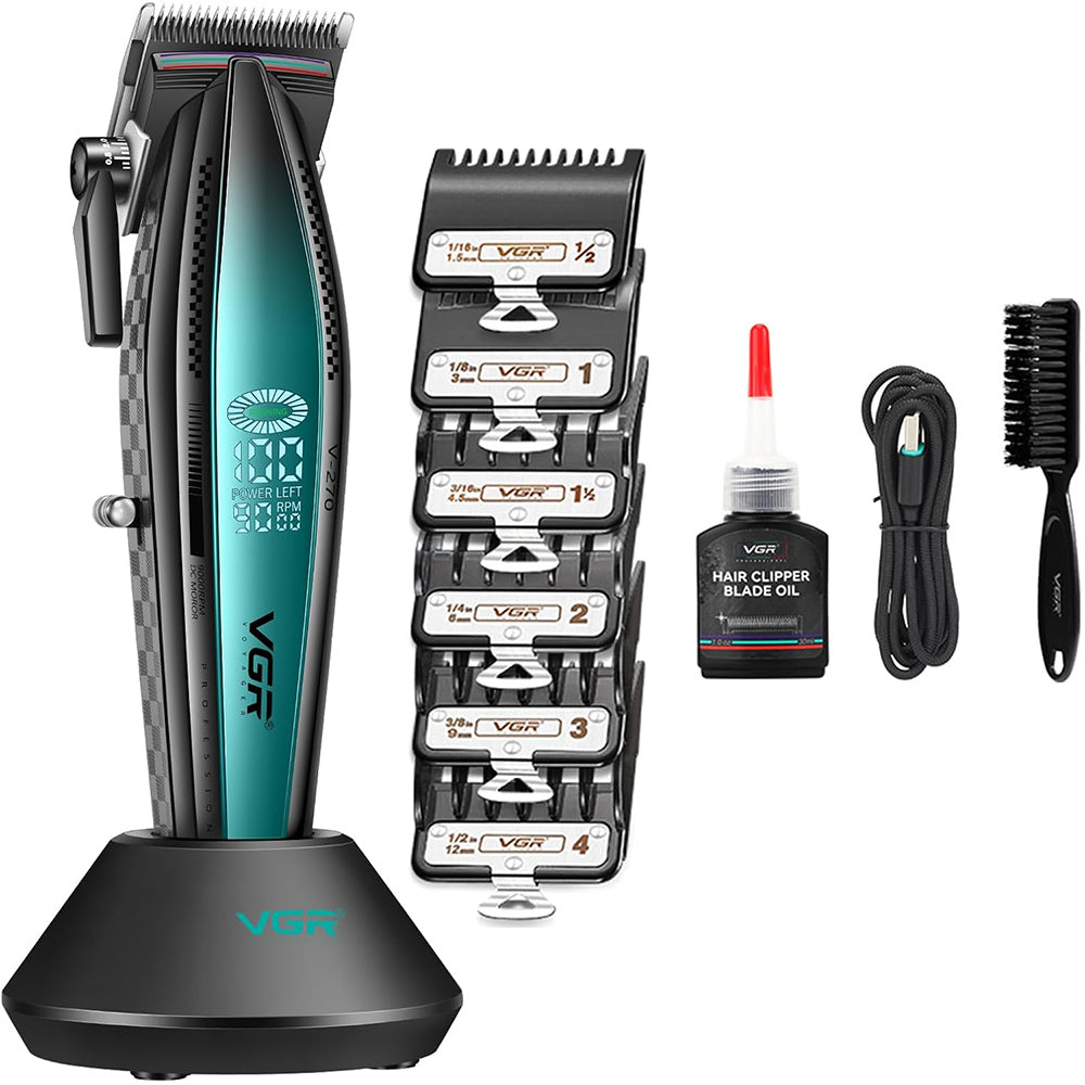 Rasoio tagliacapelli HAIR CLIPPER ricaricabile portatile per barba capelli basette corpo con 6 pettinini alta velocità 9000 giri/min base di ricarica display 270