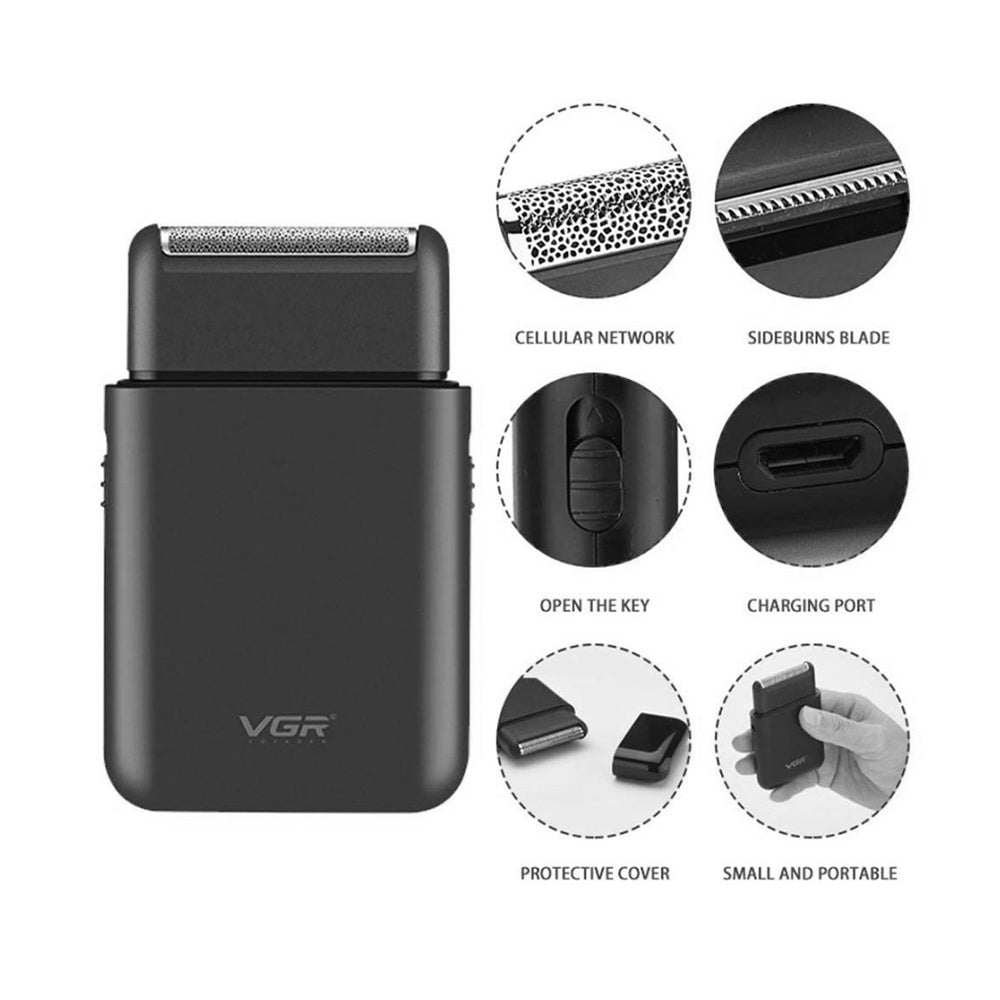 Rasoio ricaricabile tascabile VGR MEN’S SHAVER mini rasoio portatile per barba con testina e lama di precisione 390