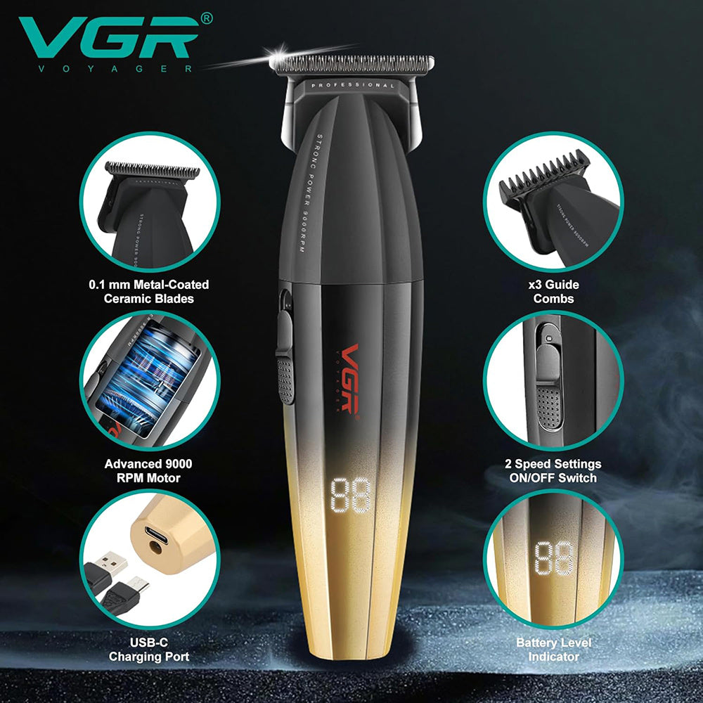 Rasoio tagliacapelli VGR HAIR TRIMMER ricaricabile per barba capelli con 3 pettinini 2 velocità max 9000 RPM display 906