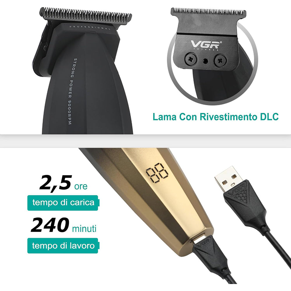 Rasoio tagliacapelli VGR HAIR TRIMMER ricaricabile per barba capelli con 3 pettinini 2 velocità max 9000 RPM display 906