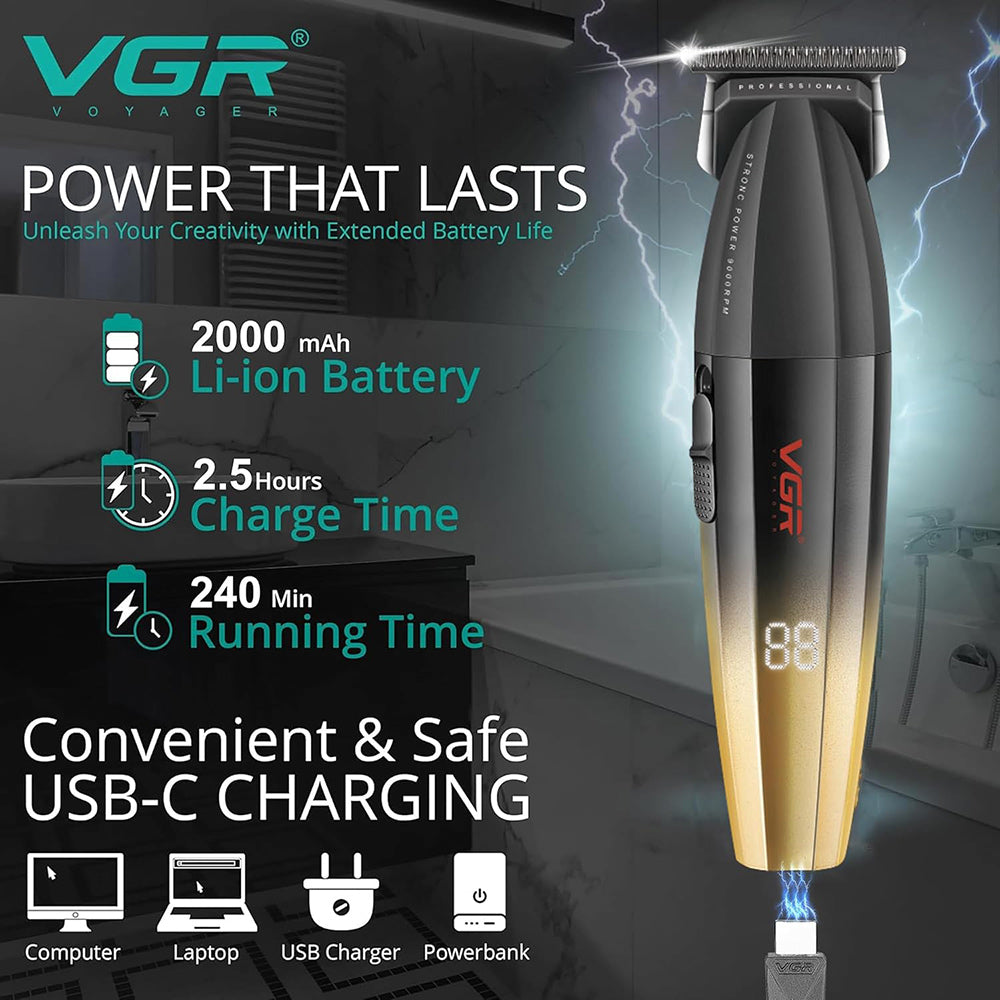 Rasoio tagliacapelli VGR HAIR TRIMMER ricaricabile per barba capelli con 3 pettinini 2 velocità max 9000 RPM display 906