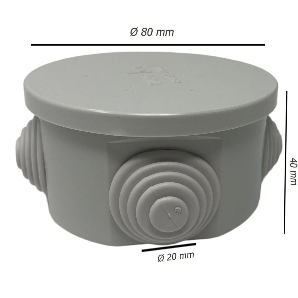 Scatola di derivazione tonda box con coperchio a pressione 4 passacavi tenuta stagna IP44 Ø 80x40 mm