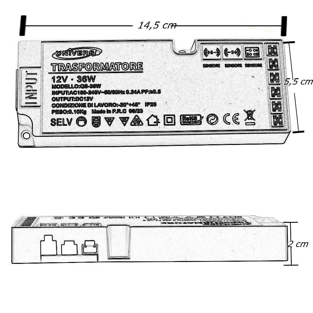 Alimentatore trasformatore slim da 230v a 12v 36 watt per strip led sensori luci 6 uscite 3 ingressi
