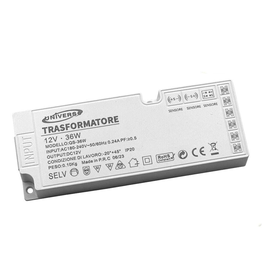Alimentatore trasformatore slim da 230v a 12v 36 watt per strip led sensori luci 6 uscite 3 ingressi