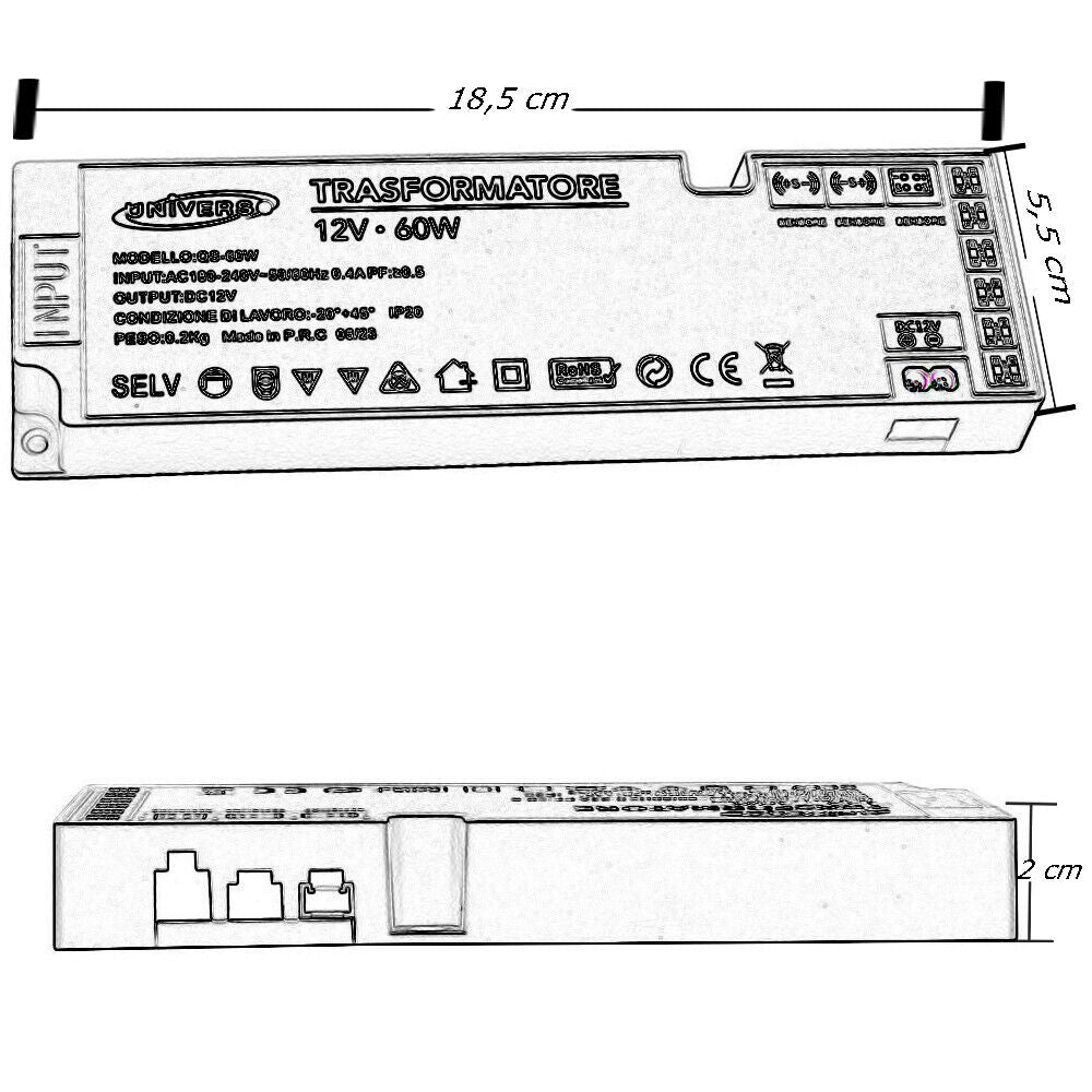 Alimentatore trasformatore slim da 230v a 12v 60 watt per strip led sensori luci 6 uscite 3 ingressi