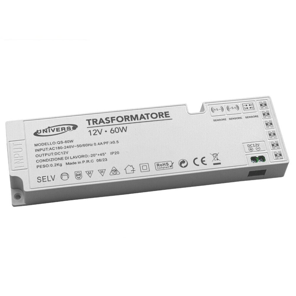 Alimentatore trasformatore slim da 230v a 12v 60 watt per strip led sensori luci 6 uscite 3 ingressi