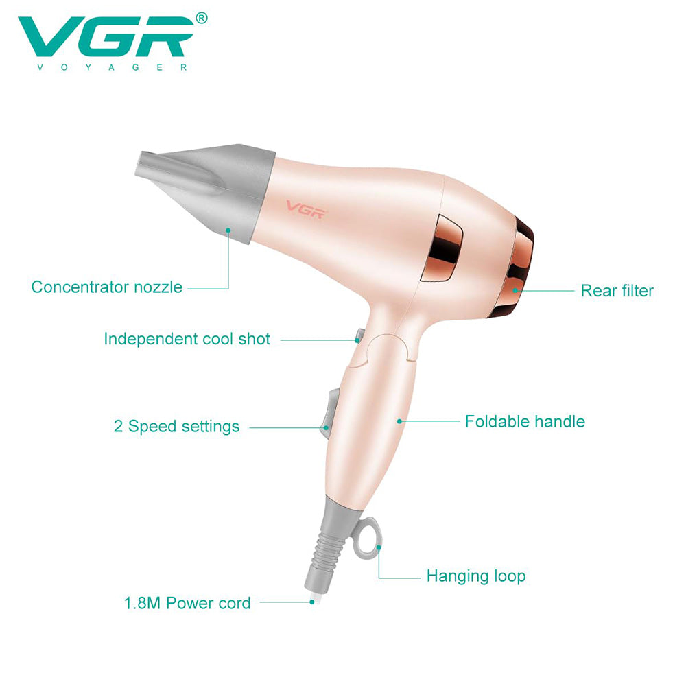 Asciugacapelli VGR HAIR DRYER da viaggio 1000 watt phon pieghevole 2 velocità con gancio