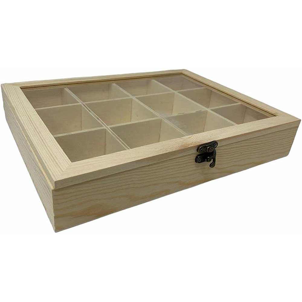 Bacheca in legno 12 posti con porta in vetro espositore vetrinetta minuterie portagioie scatola da the portaoggetti decoupage