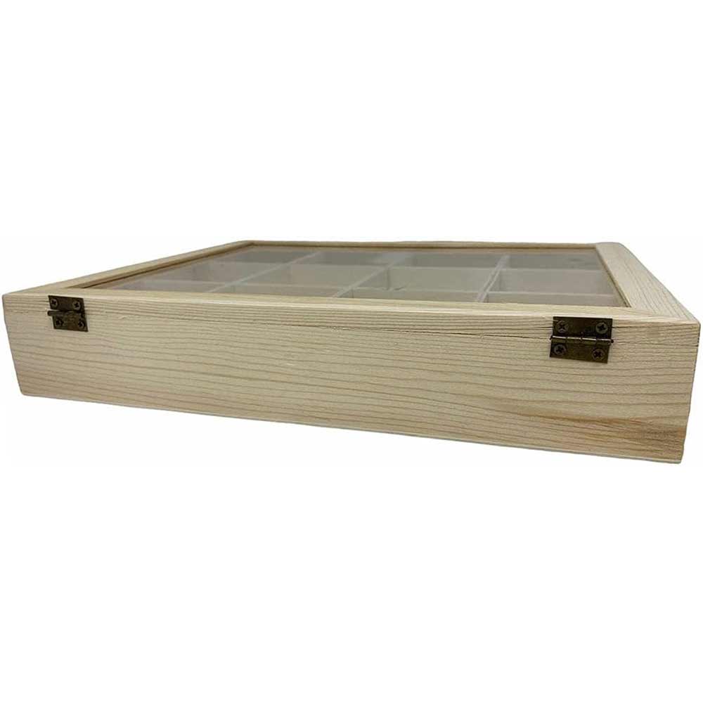 Bacheca in legno 12 posti con porta in vetro espositore vetrinetta minuterie portagioie scatola da the portaoggetti decoupage