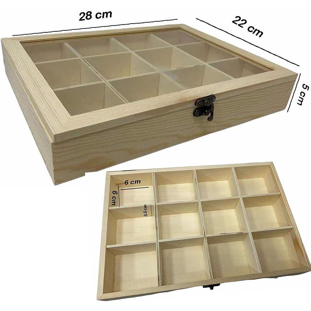 Bacheca in legno 12 posti con porta in vetro espositore vetrinetta minuterie portagioie scatola da the portaoggetti decoupage