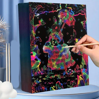 50 Fogli neri da grattare multicolor A4 con 2 bastoncini legno bambini
