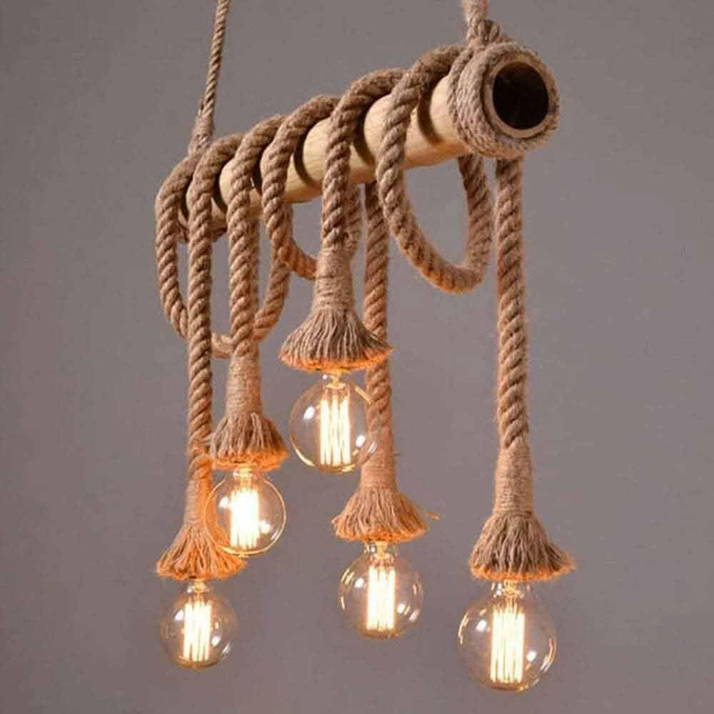 Lampadario a sospensione con corda in canapa vintage 6 portalampada E27 lampada country retro in legno di bamboo