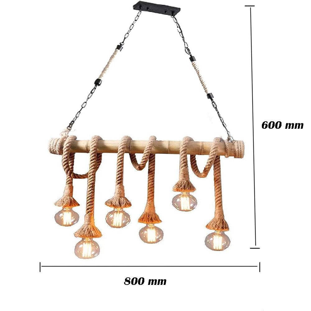 Lampadario a sospensione con corda in canapa vintage 6 portalampada E27 lampada country retro in legno di bamboo