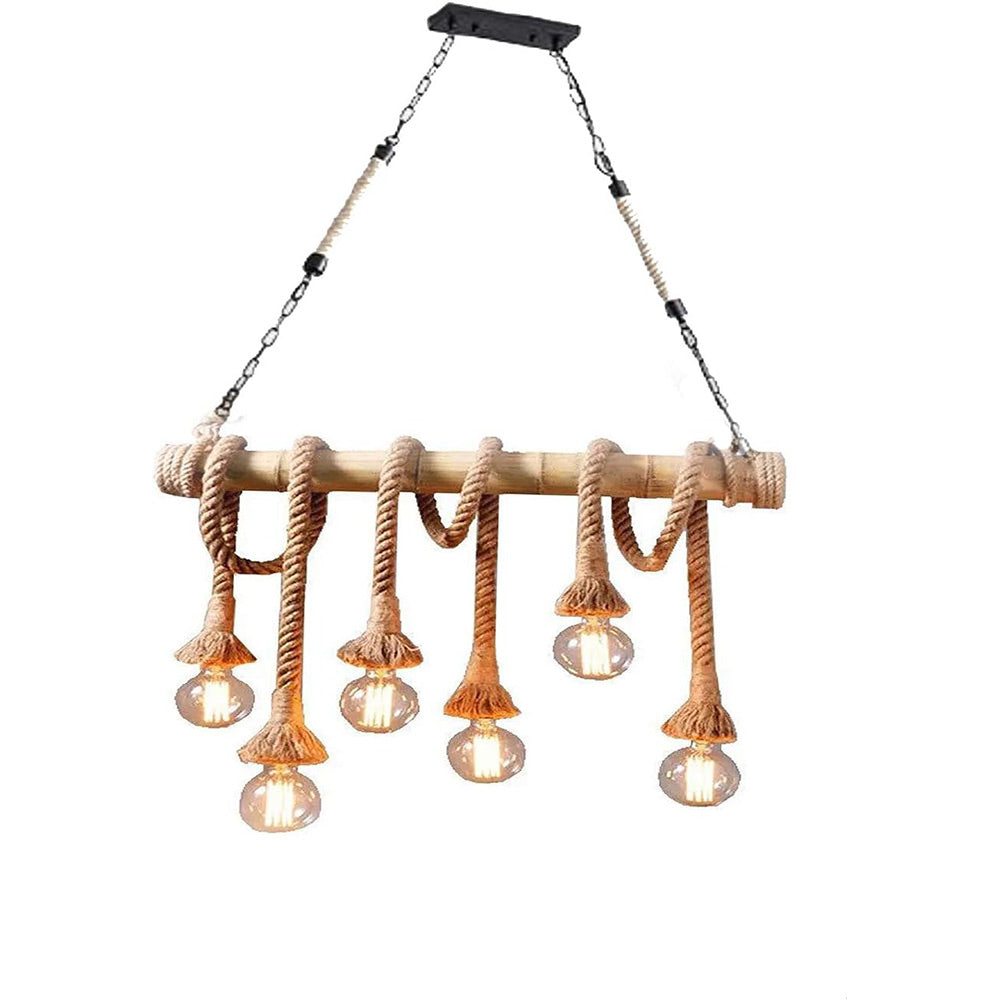Lampadario a sospensione con corda in canapa vintage 6 portalampada E27 lampada country retro in legno di bamboo