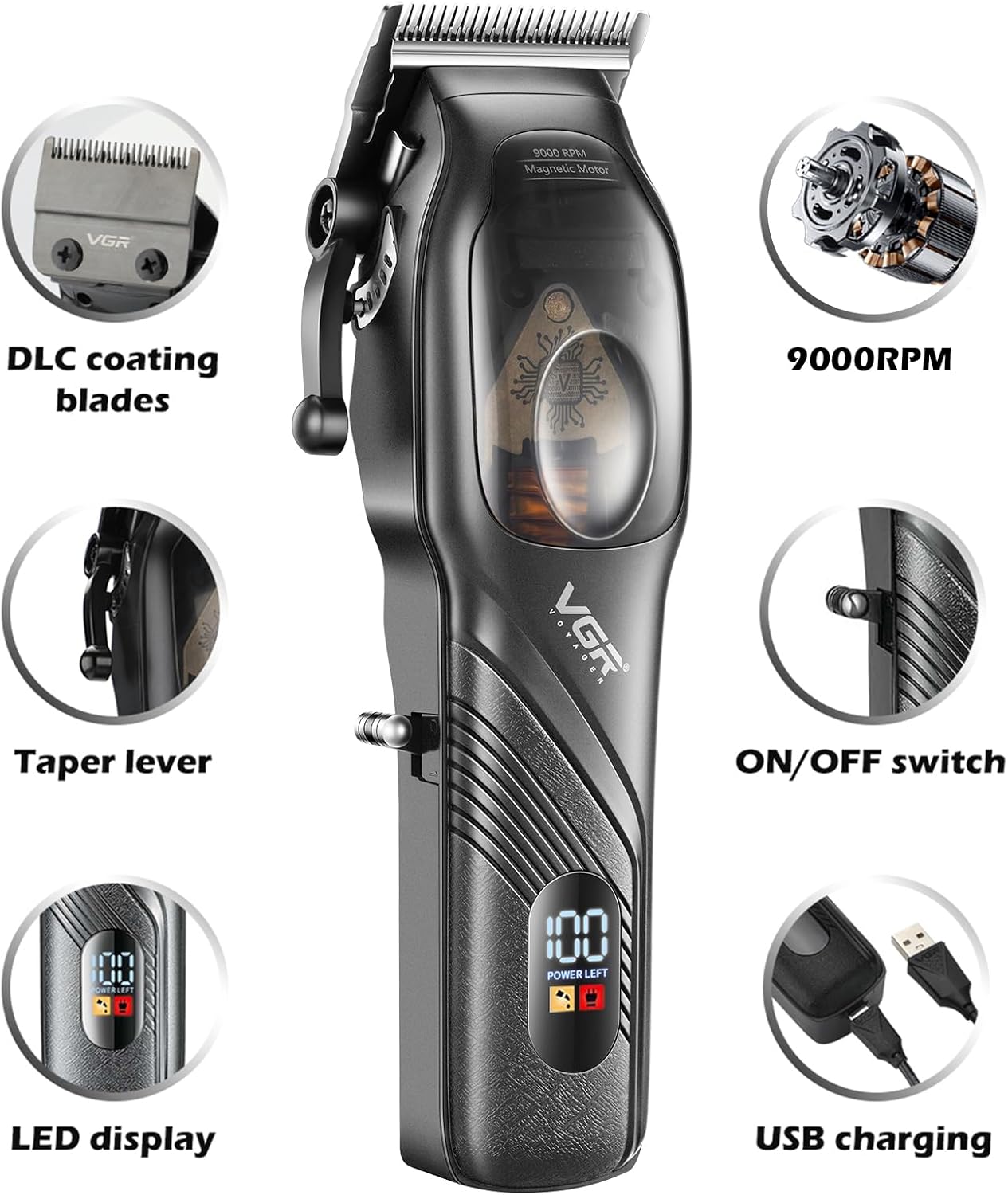 Rasoio VGR HAIR CLIPPER ricaricabile con 4 pettinini taglia capelli barba display con base due modalità di ricarica 269