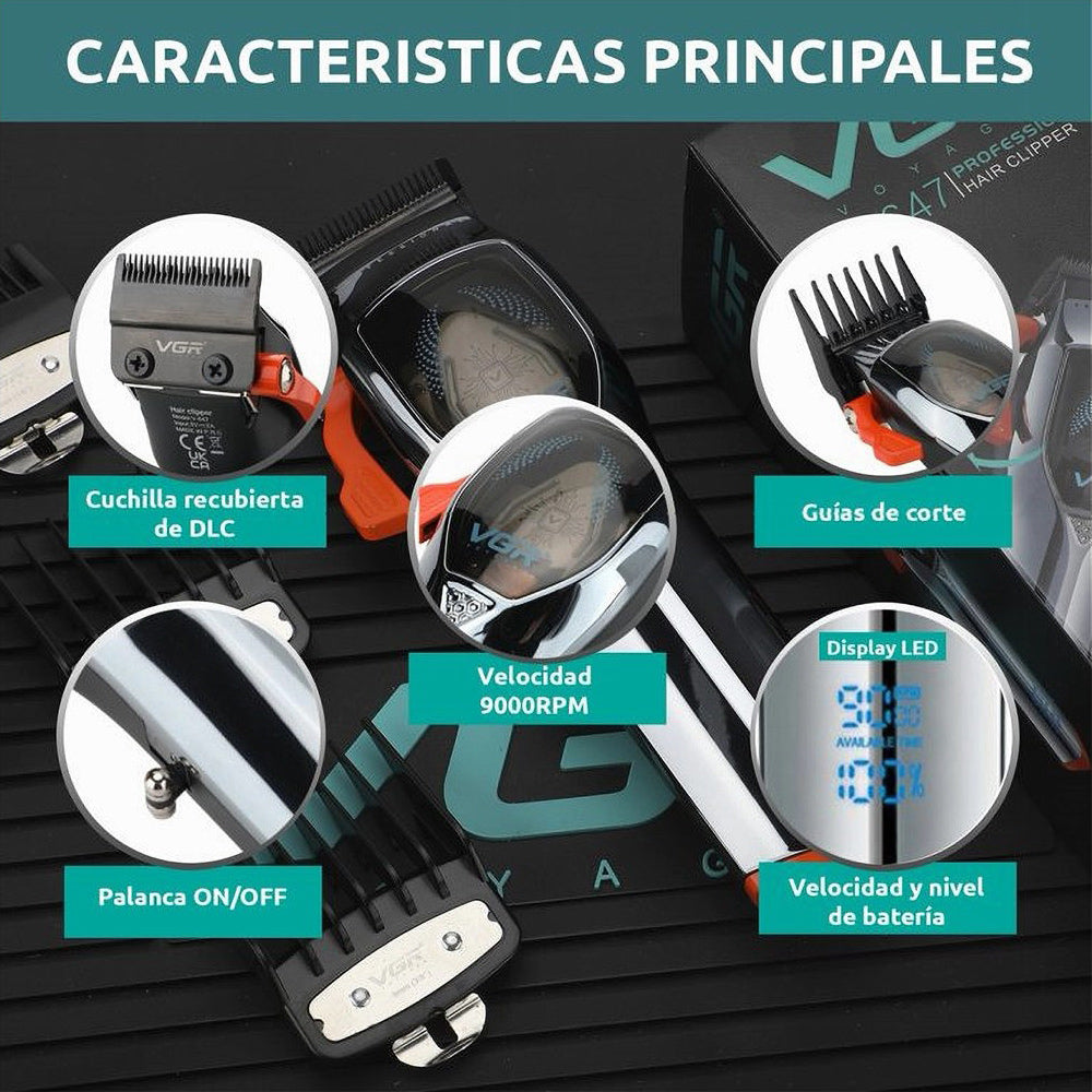 Rasoio tagliacapelli VGR HAIR CLIPPER ricaricabile con display a led leva conica 4 pettinini guida 9000 RPM 647