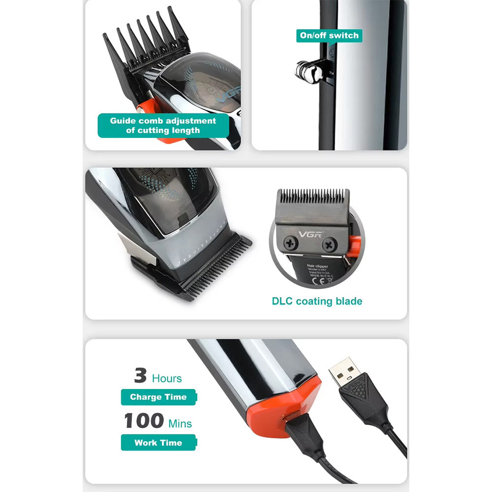 Rasoio tagliacapelli VGR HAIR CLIPPER ricaricabile con display a led leva conica 4 pettinini guida 9000 RPM 647