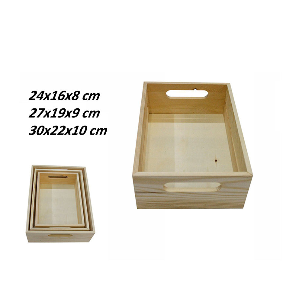 Set 3 cassette in legno multiuso organaizer per alimenti cesta scatola con manici bordo alto per decoupage