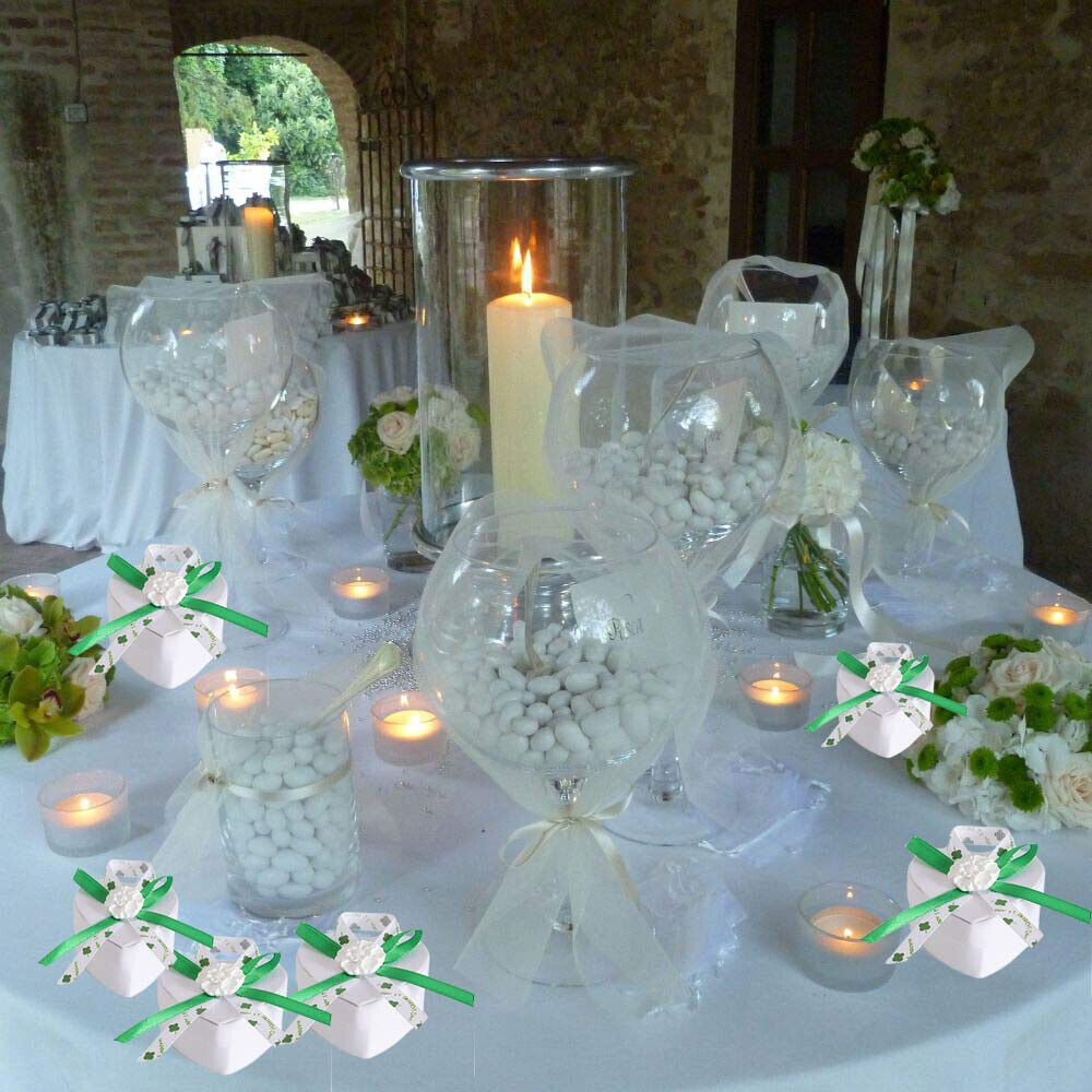 12 Scatolina portaconfetti a Cuore per promessa di Matrimonio bomboniere segnaposto in Tessuto Bianco e Verde
