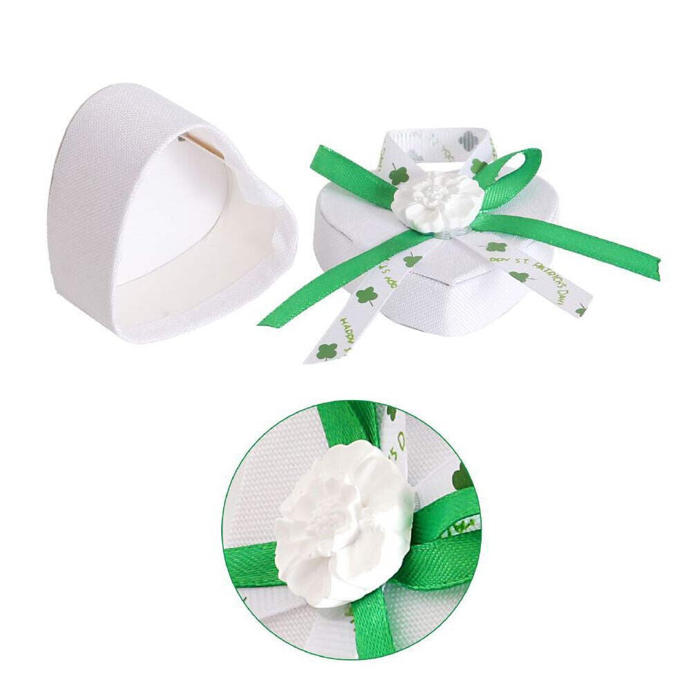 12 Scatolina portaconfetti a Cuore per promessa di Matrimonio bomboniere segnaposto in Tessuto Bianco e Verde