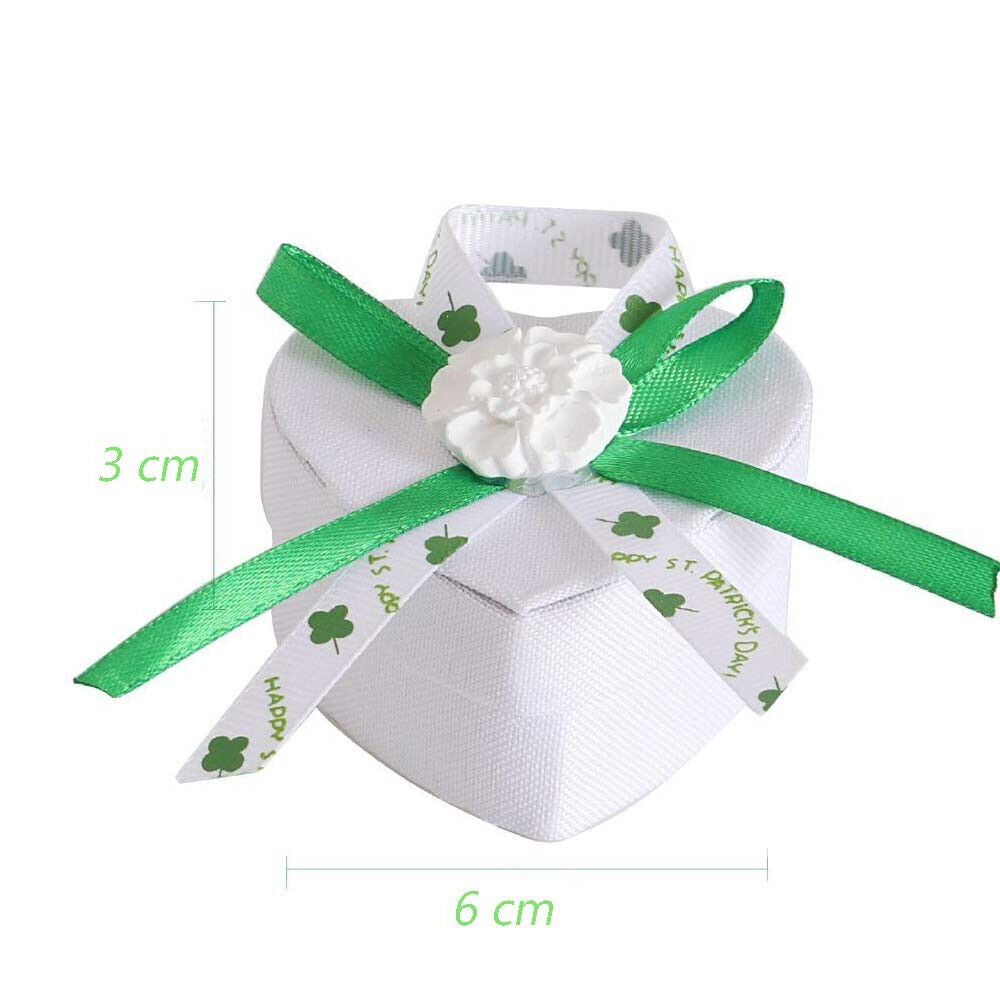 12 Scatolina portaconfetti a Cuore per promessa di Matrimonio bomboniere segnaposto in Tessuto Bianco e Verde