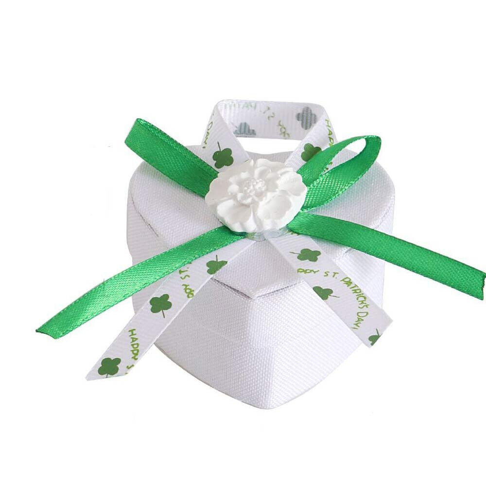 12 Scatolina portaconfetti a Cuore per promessa di Matrimonio bomboniere segnaposto in Tessuto Bianco e Verde